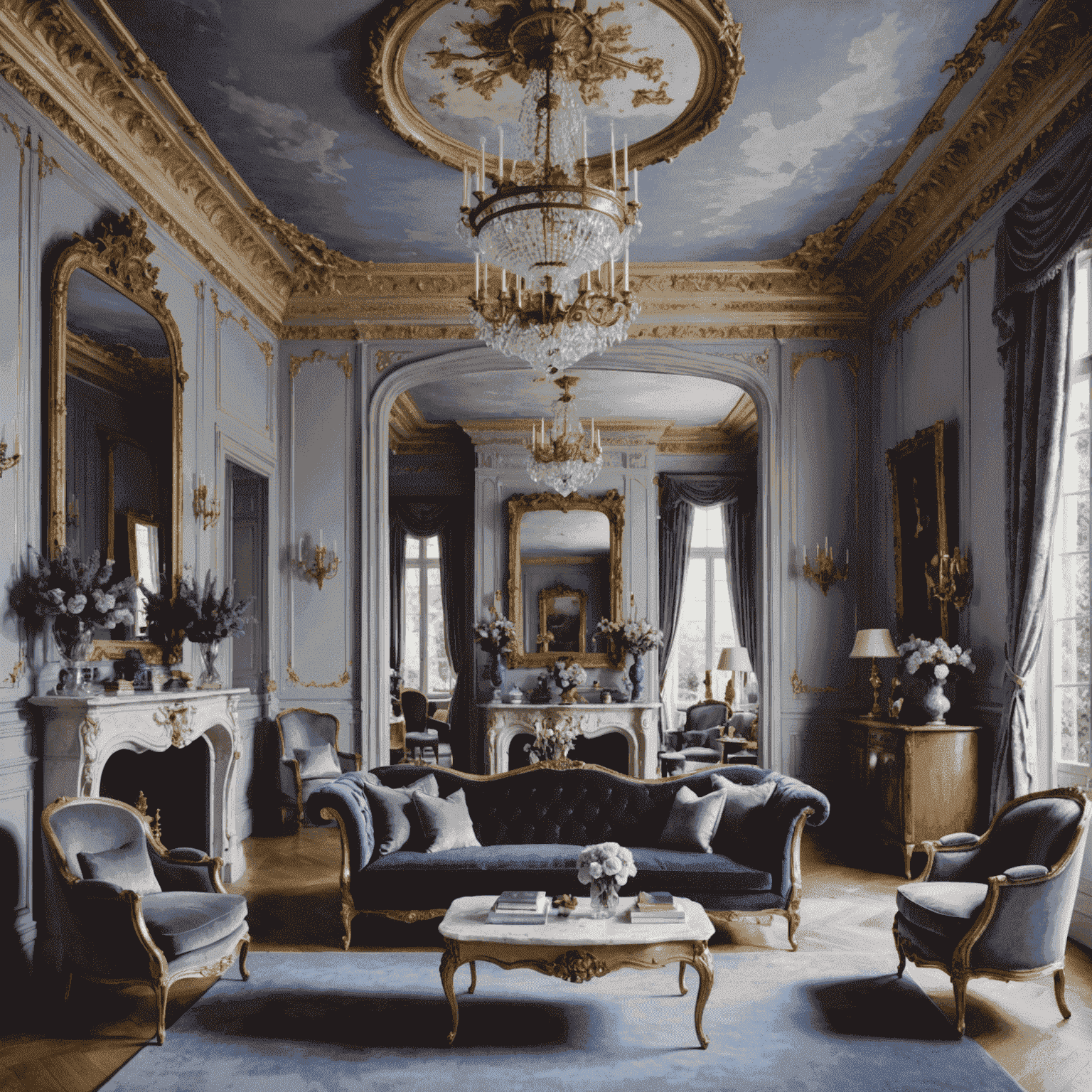 Un salon élégant avec des éléments de décoration français, mêlant le chic parisien et le charme de la campagne française. On y voit un canapé en velours bleu, des moulures au plafond, un miroir doré et des touches de lavande.