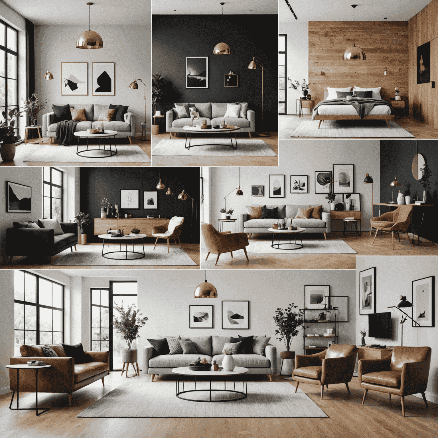 Collage d'intérieurs modernes montrant différents styles de décoration, du minimaliste au contemporain, avec des accents métalliques et des meubles design