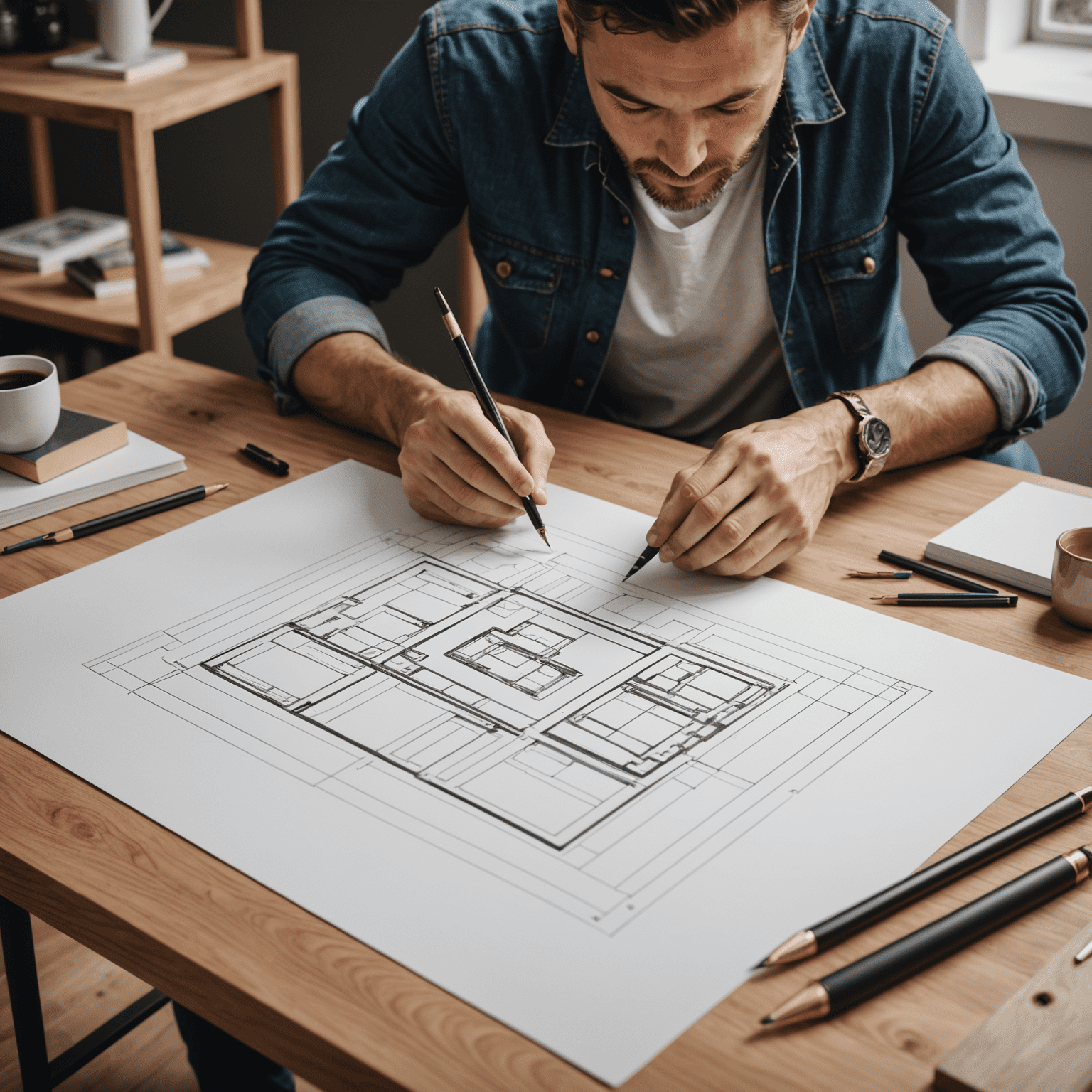 Image d'un designer de meubles travaillant sur un croquis détaillé d'une table basse moderne avec des lignes épurées et des accents métalliques