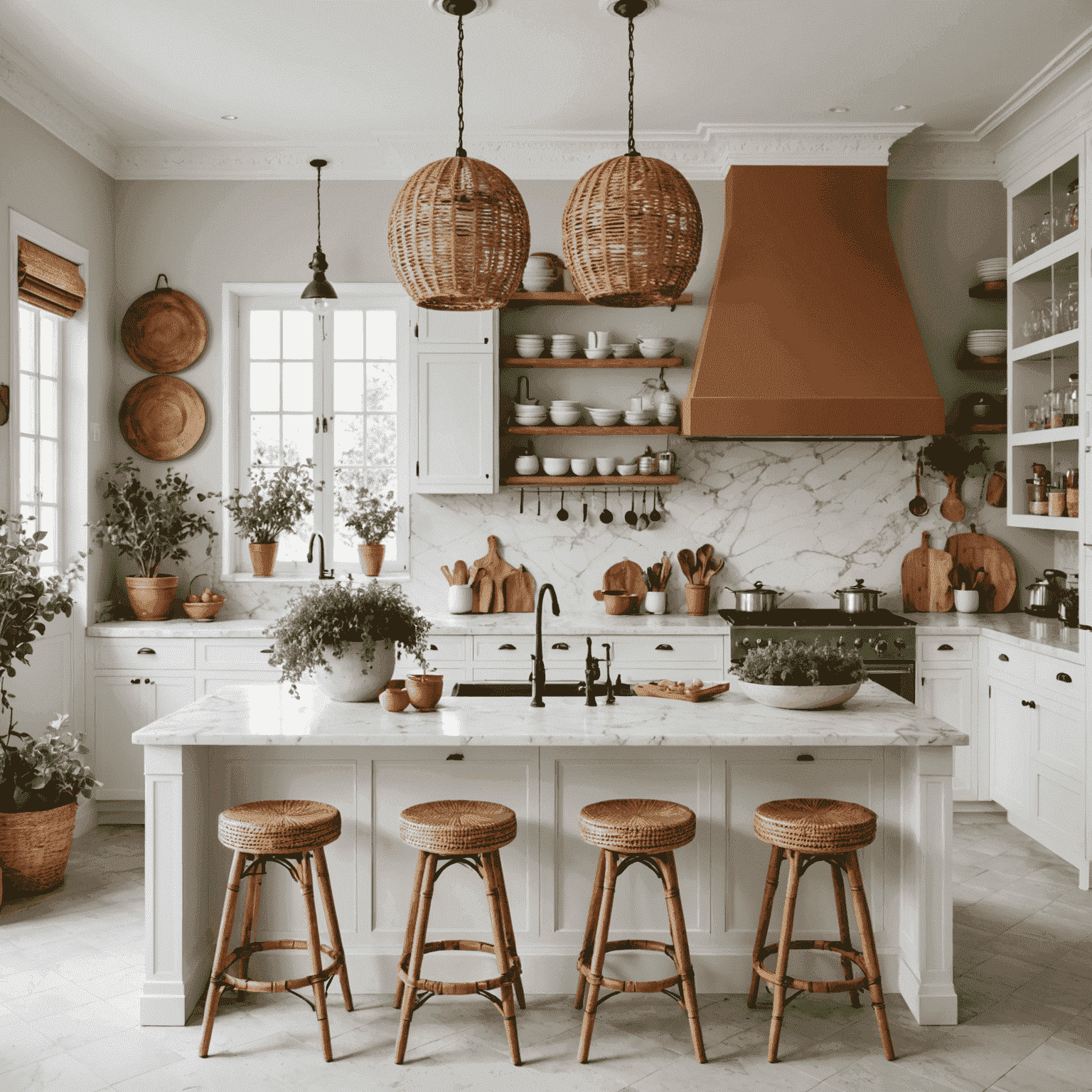 Une cuisine de style français moderne avec des armoires blanches, un îlot central en marbre, des chaises de bar en rotin et des herbes fraîches dans des pots en terre cuite.