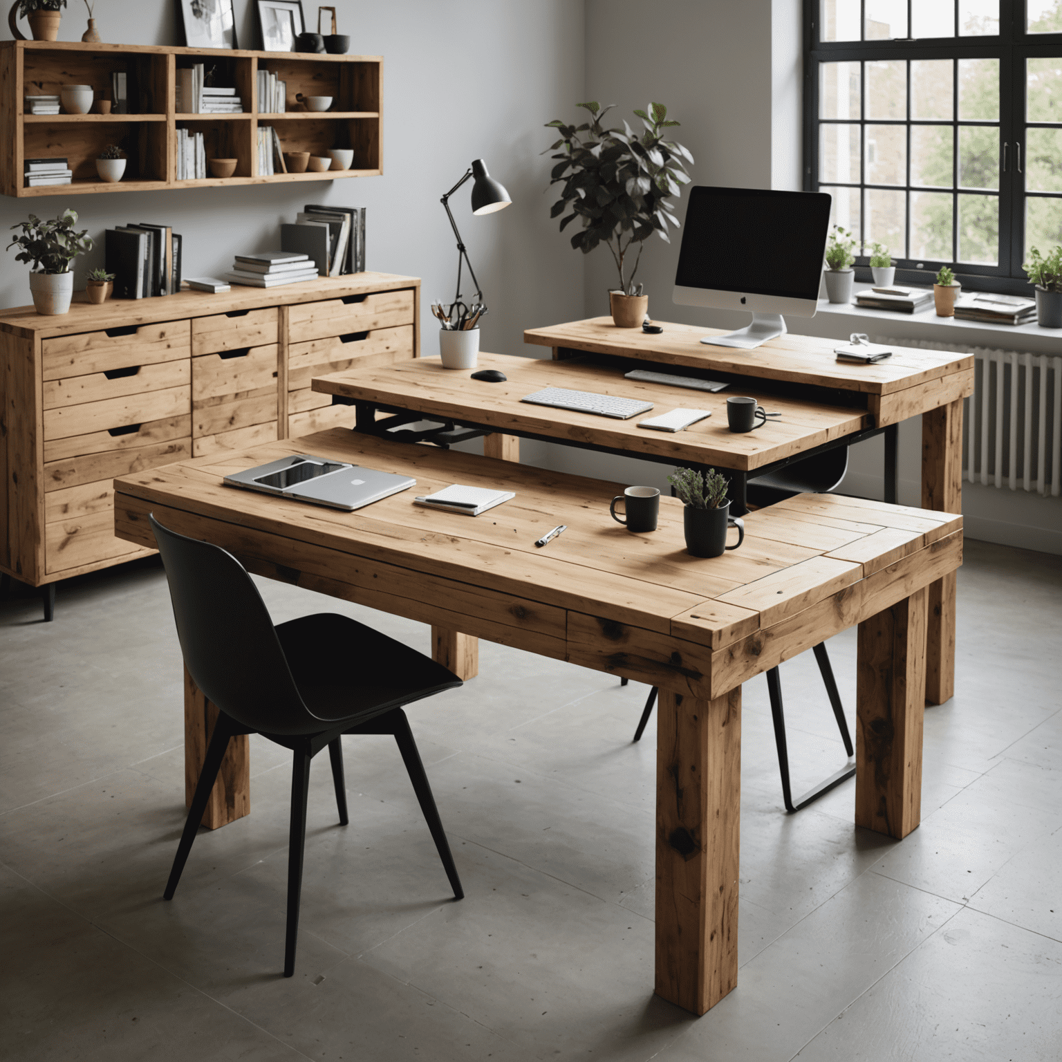 Un bureau modulaire en bois recyclé qui se transforme en table à manger, illustrant la polyvalence du mobilier éco-responsable