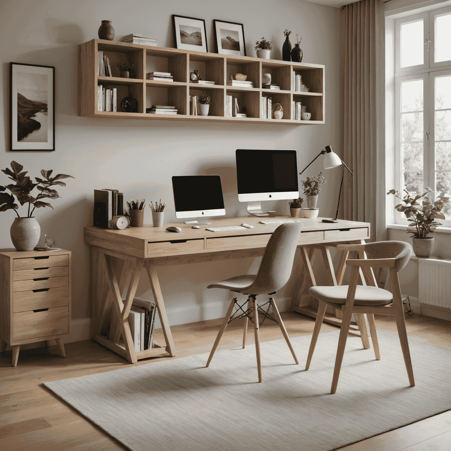 Image d'un espace de travail à domicile intégré de manière élégante dans un salon moderne, avec un bureau escamotable et des solutions de rangement intelligentes.