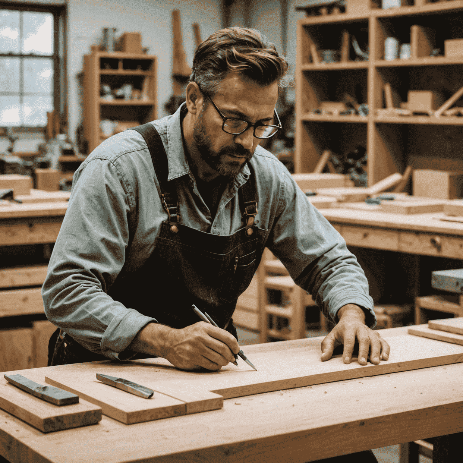 Image d'un atelier de design de meubles sur mesure, montrant un artisan travaillant sur une pièce unique avec des matériaux modernes et luxueux