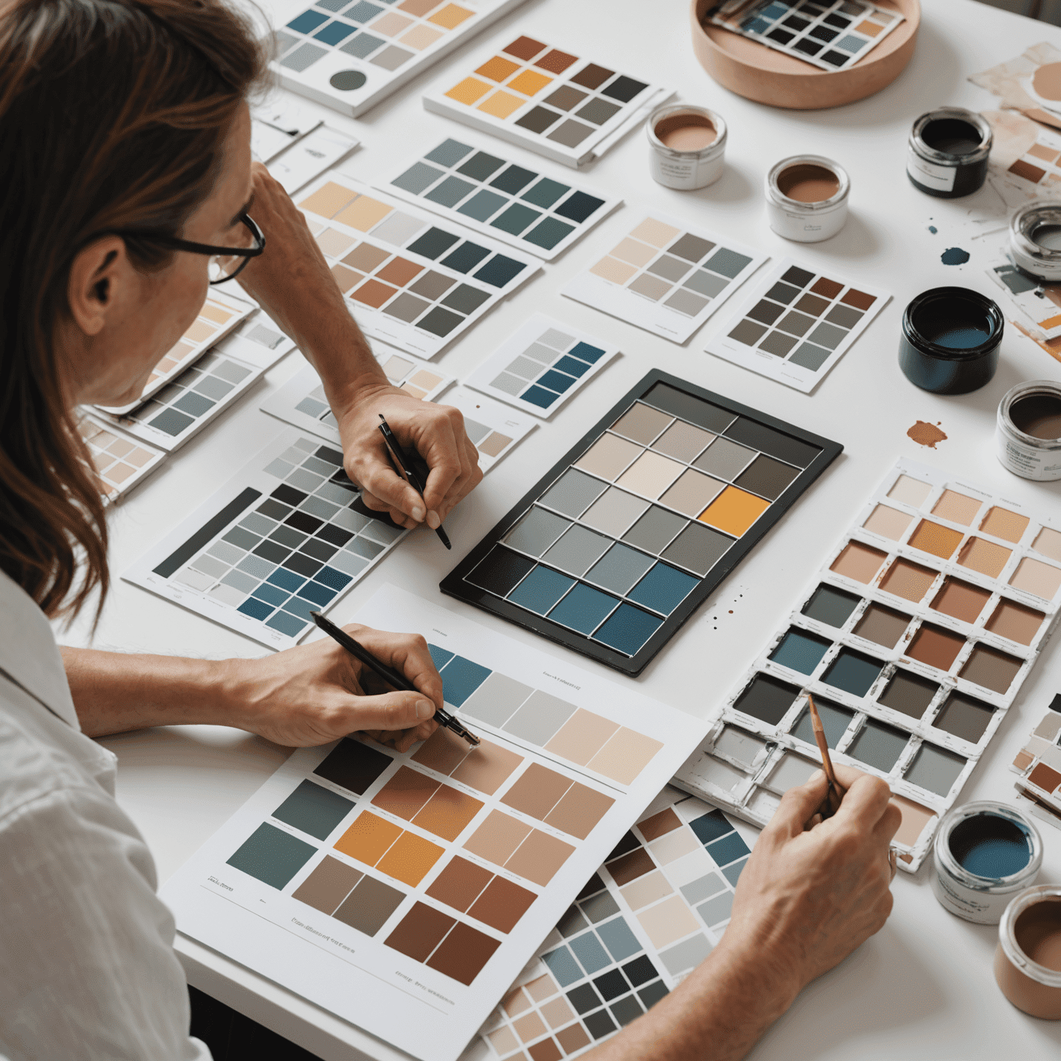 Image d'un designer travaillant sur une palette de couleurs sophistiquée, avec des nuanciers et des échantillons de peinture étalés sur une table blanche