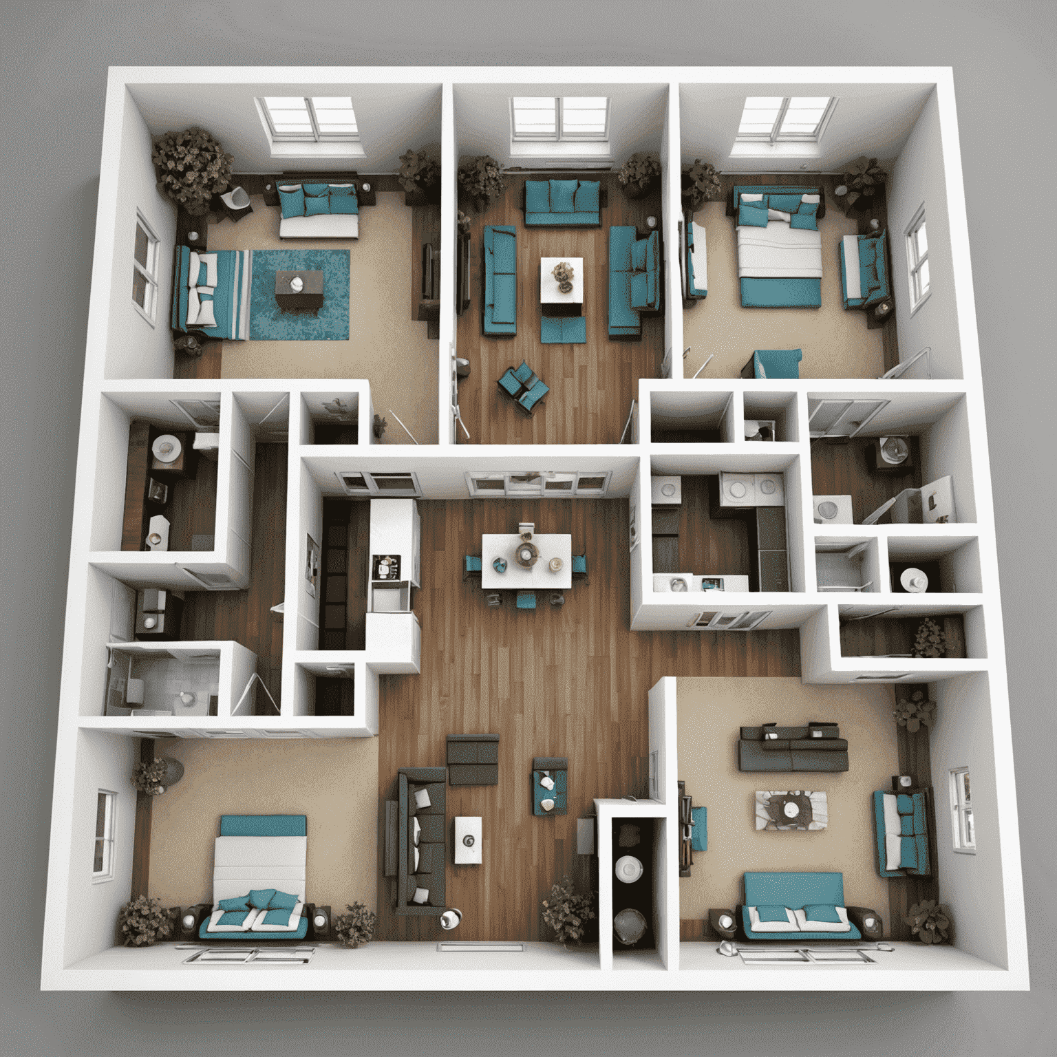 Image d'un plan d'étage 3D moderne et minimaliste, montrant une optimisation intelligente de l'espace dans un appartement contemporain